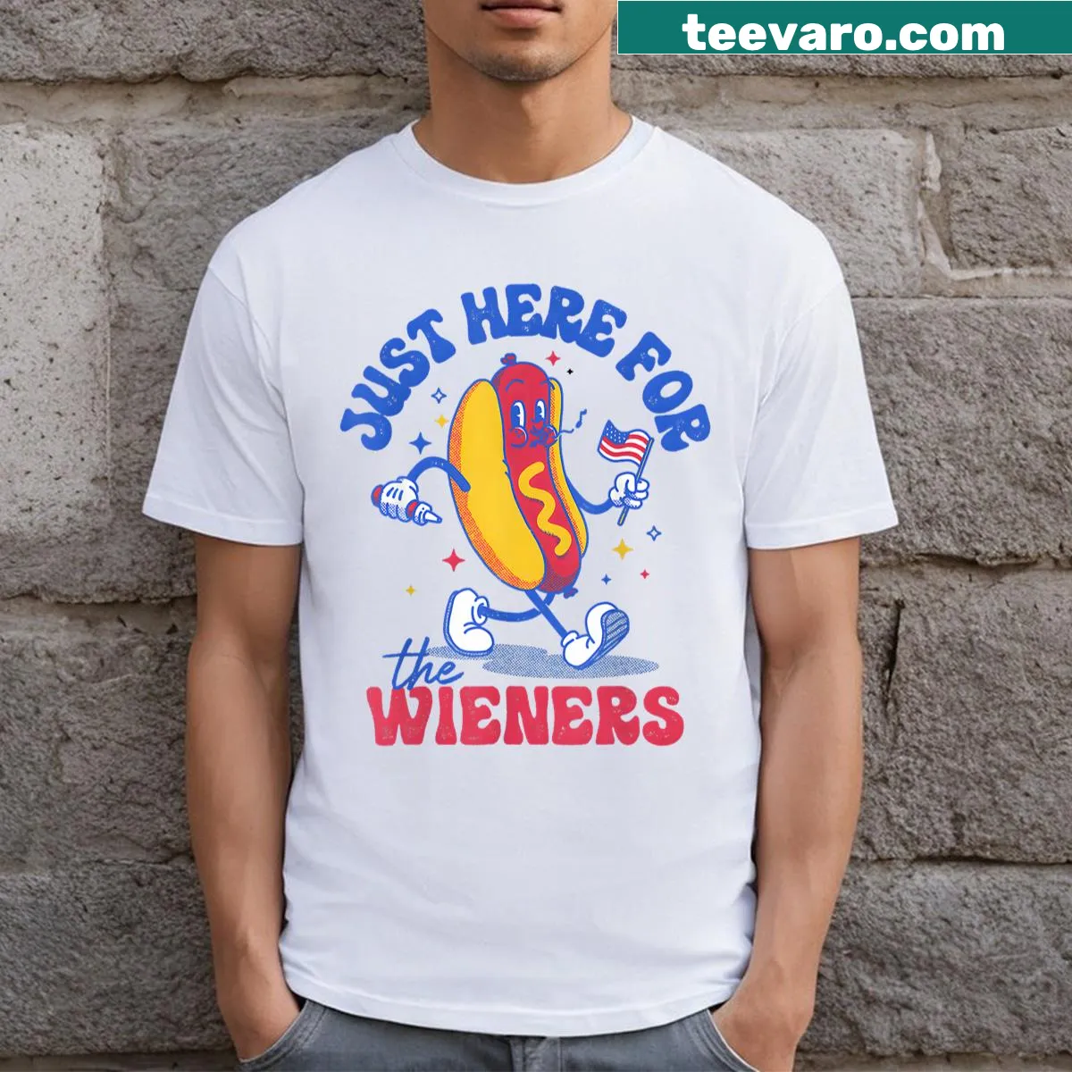 Funny Fourth of July T-shirt with a playful hot dog graphic — on a men's t-shirt