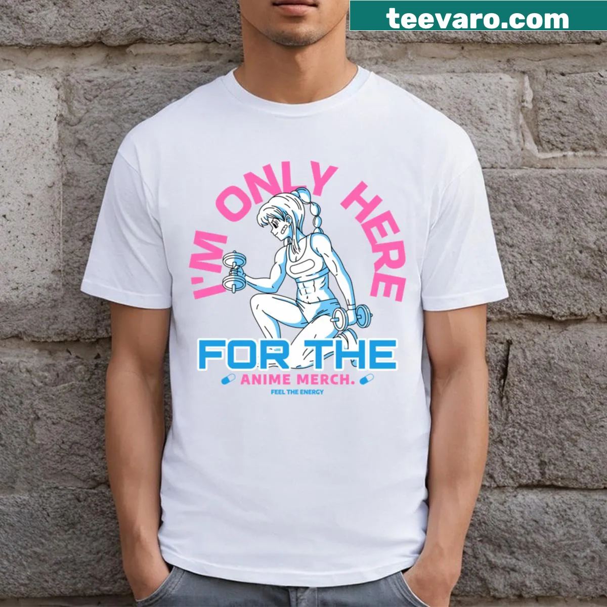 T-shirt stating I'm only here for the anime merch — on a men's t-shirt