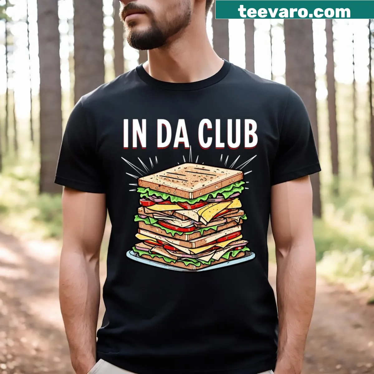 Graphic t-shirt with a club sandwich and text 'In Da Club' — on a men's t-shirt