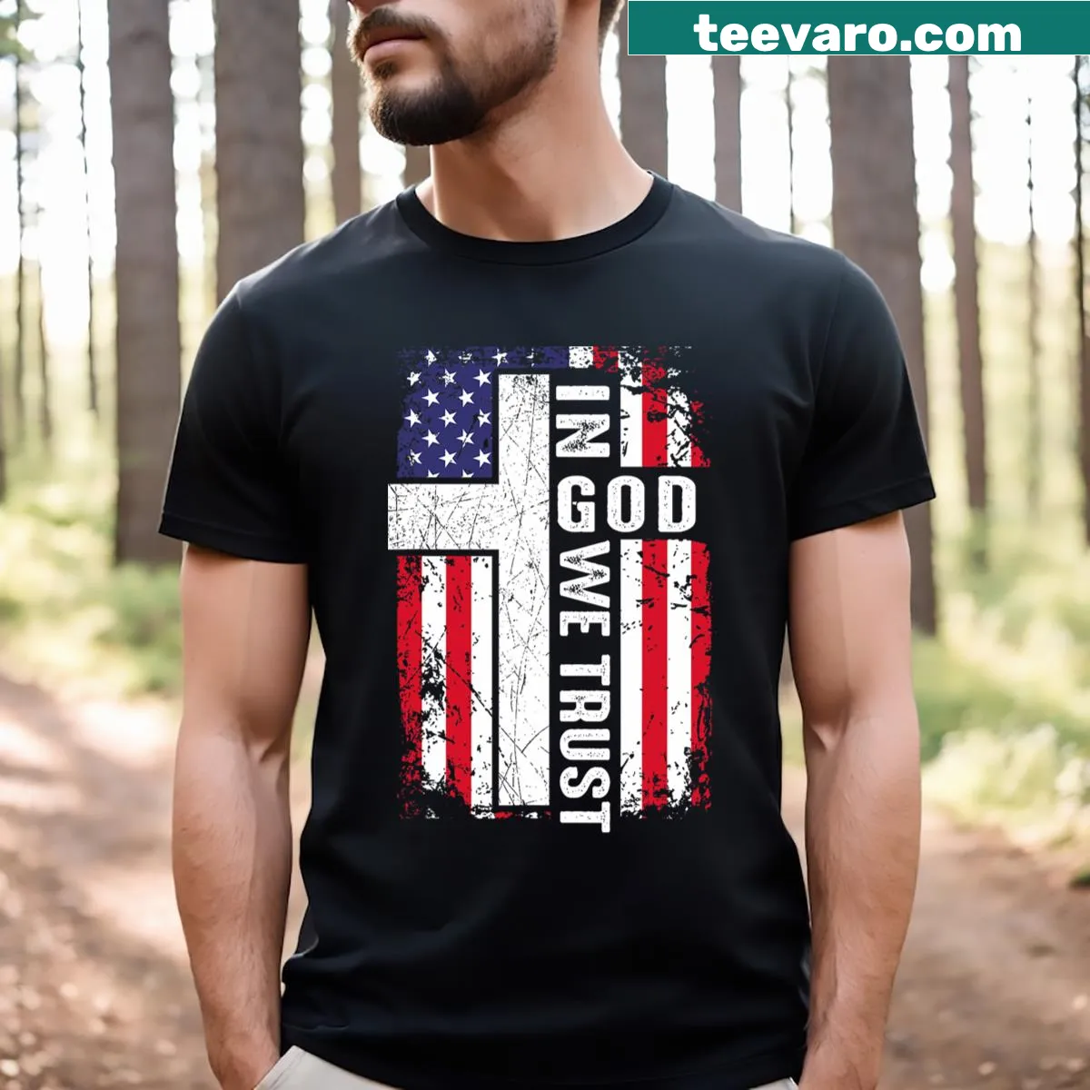 Christian t-shirt with text 'In God We Trust' for Fourth of July — on a men's t-shirt