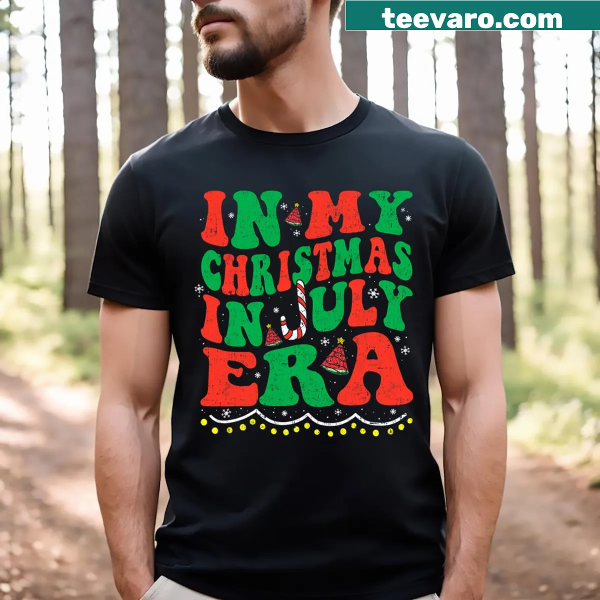 Funny t-shirt with text 'In My Christmas In July Era' — on a men's t-shirt