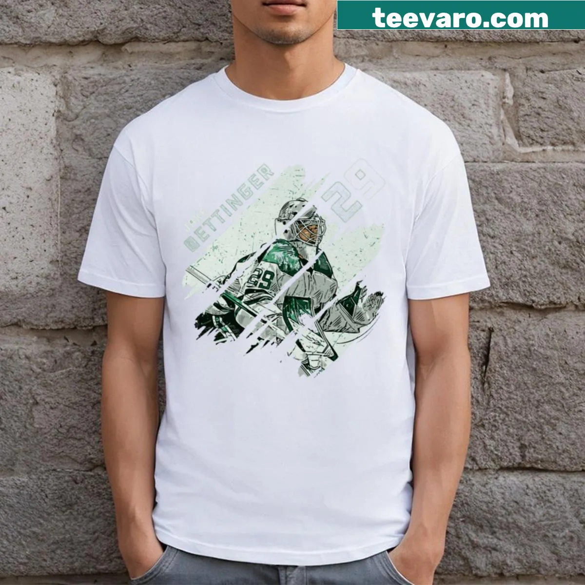 Dallas Stars T-shirt with Jake Oettinger name and stripes — on a men's t-shirt
