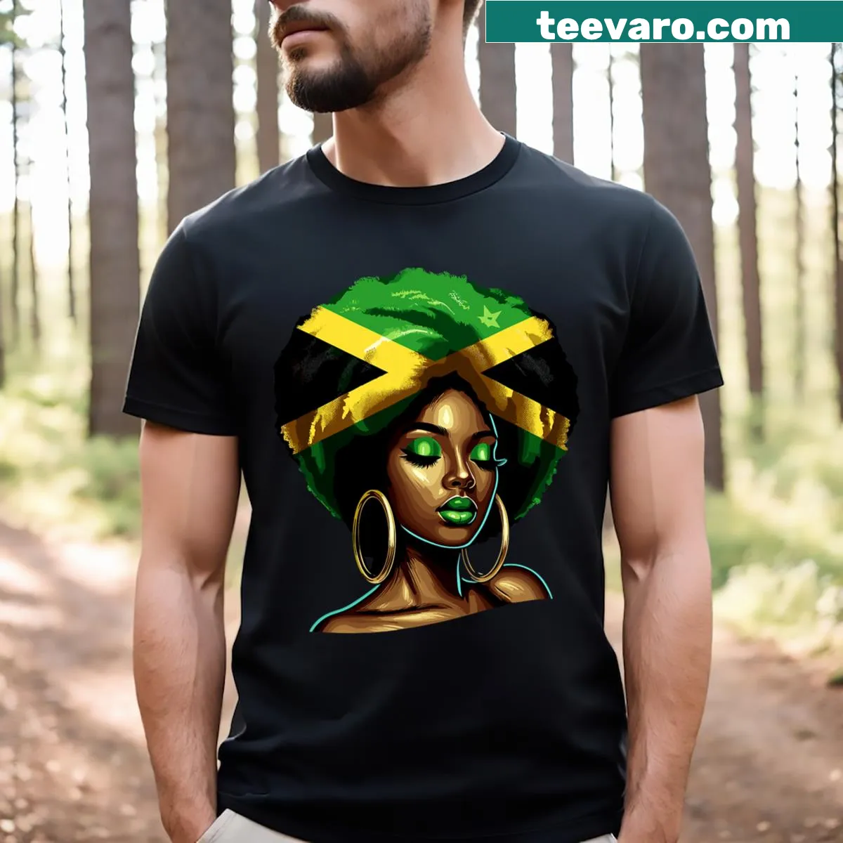 Illustrated T-shirt showcasing Jamaican girl with afro — on a men's t-shirt
