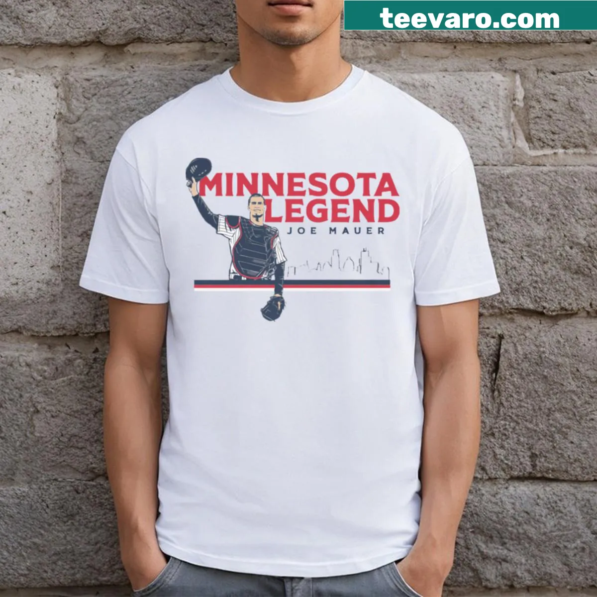 Illustration of Joe Mauer showcasing his legendary status on a t-shirt — on a men's t-shirt