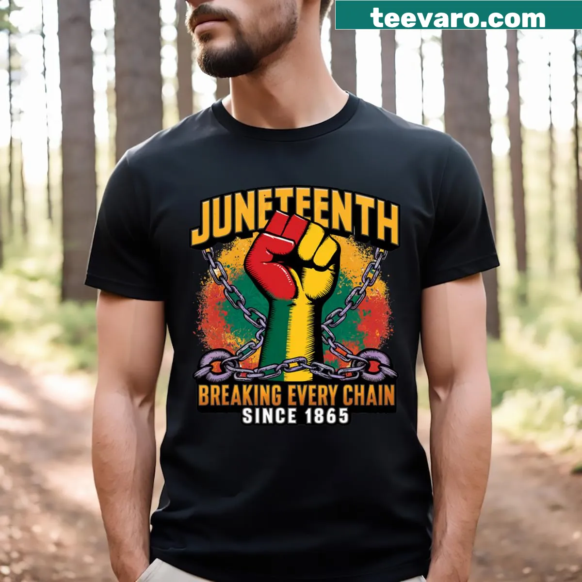 Text t-shirt celebrating Black freedom and Juneteenth — on a men's t-shirt