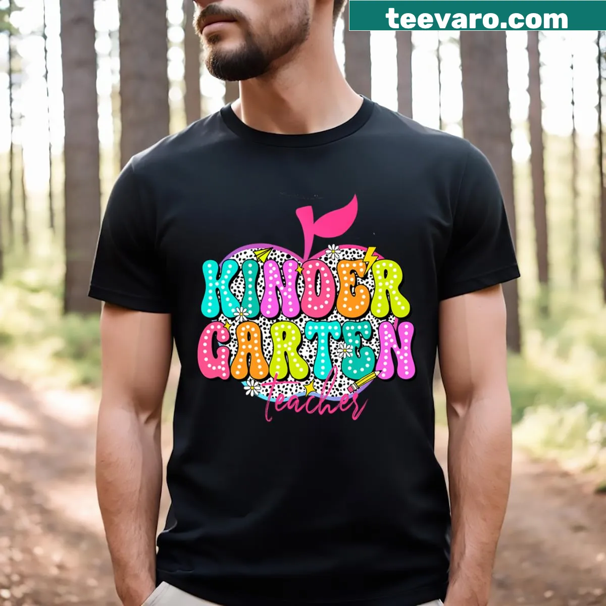 Retro groovy style kindergarten teacher t-shirt for men — on a men's t-shirt