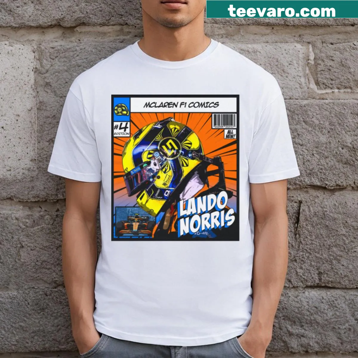 Lando Norris Comic T-shirt featuring a cartoon of the driver — on a men's t-shirt