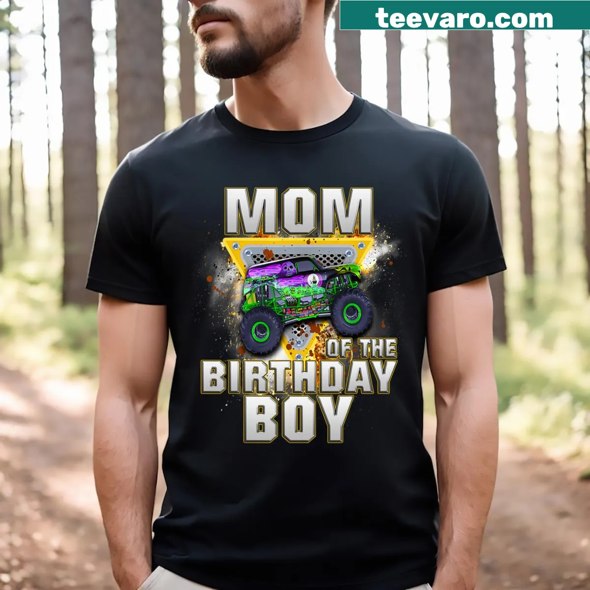 Monster truck-themed T-shirt for moms of birthday boys — on a men's t-shirt