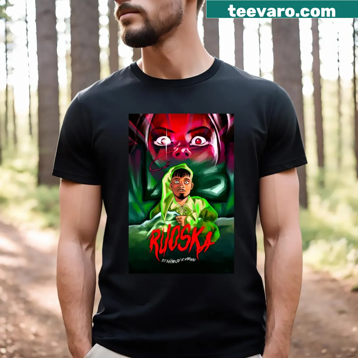 Illustrative T-shirt featuring a chilling graphic related to nightmares. — on a men's t-shirt