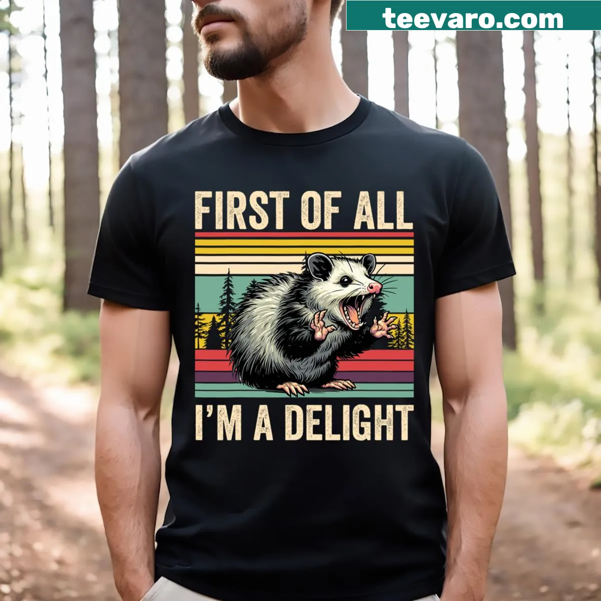 Humorous t-shirt with the phrase 'First Of All I'm A Delight Possum' — on a men's t-shirt
