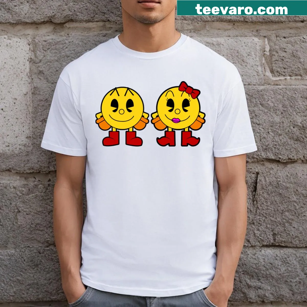 Cartoon-style t-shirt featuring Pacman characters for couples — on a men's t-shirt