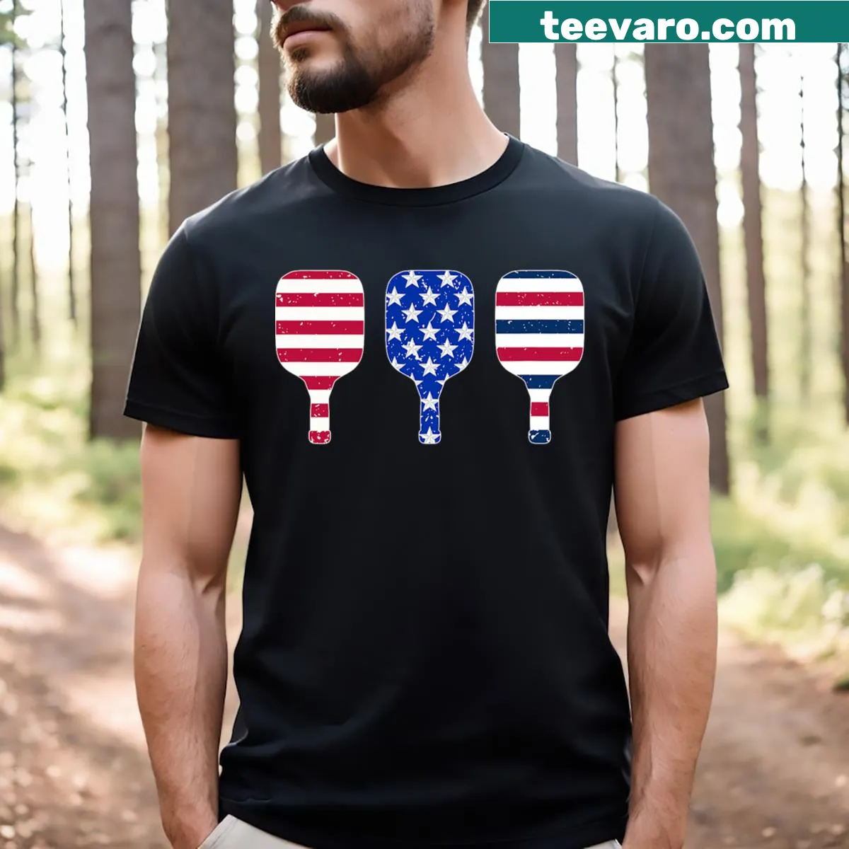 Pickleball player graphic with the American flag for a Fourth of July t-shirt. — on a men's t-shirt