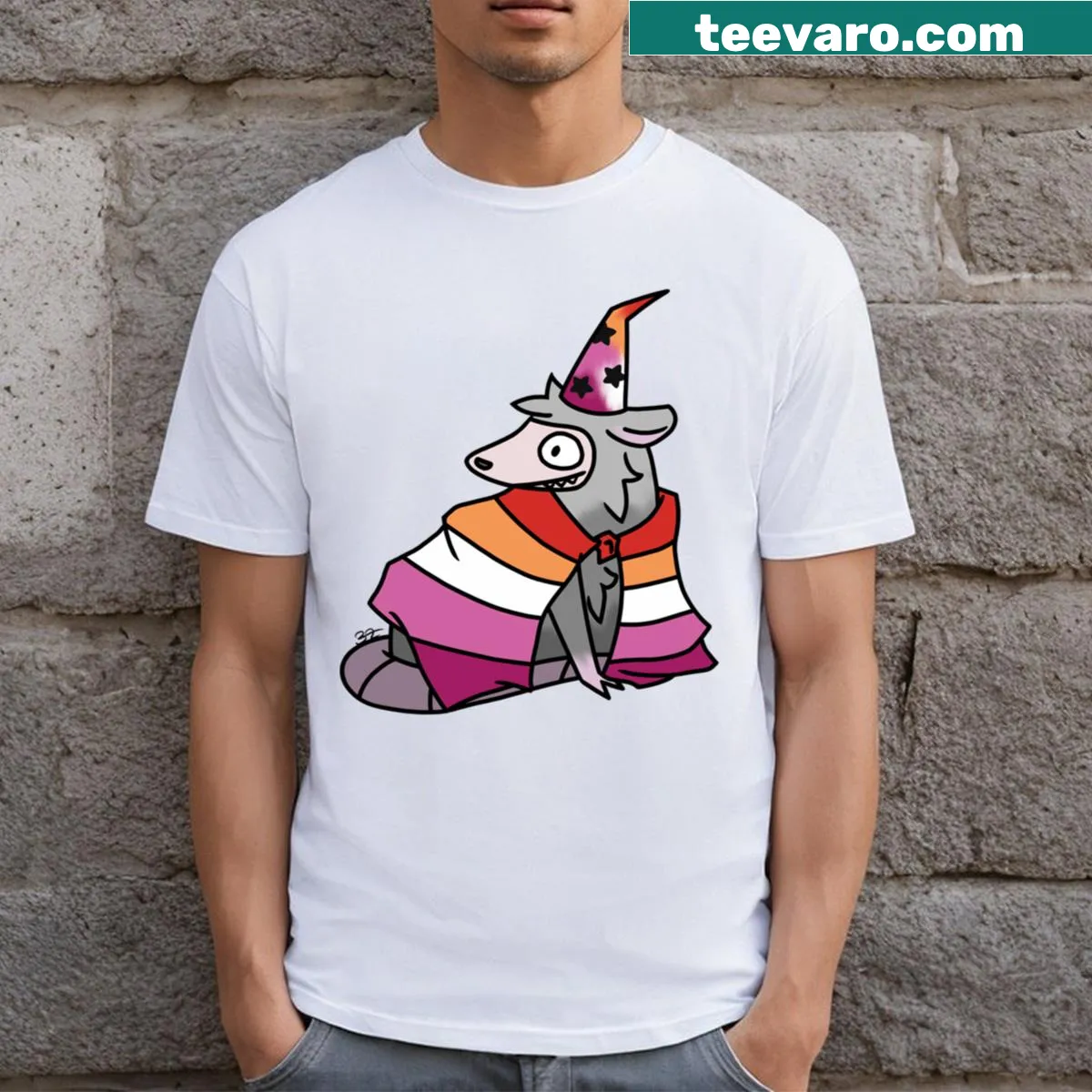 Illustration of a possum wizard celebrating pride — on a men's t-shirt