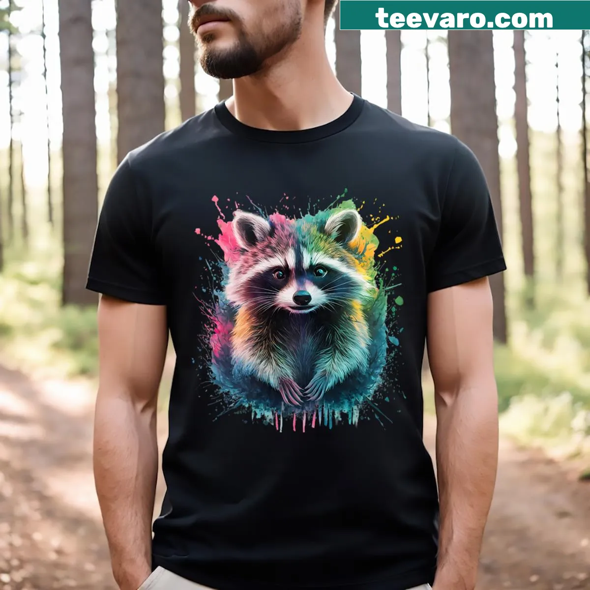 Watercolor illustration of a playful raccoon — on a men's t-shirt