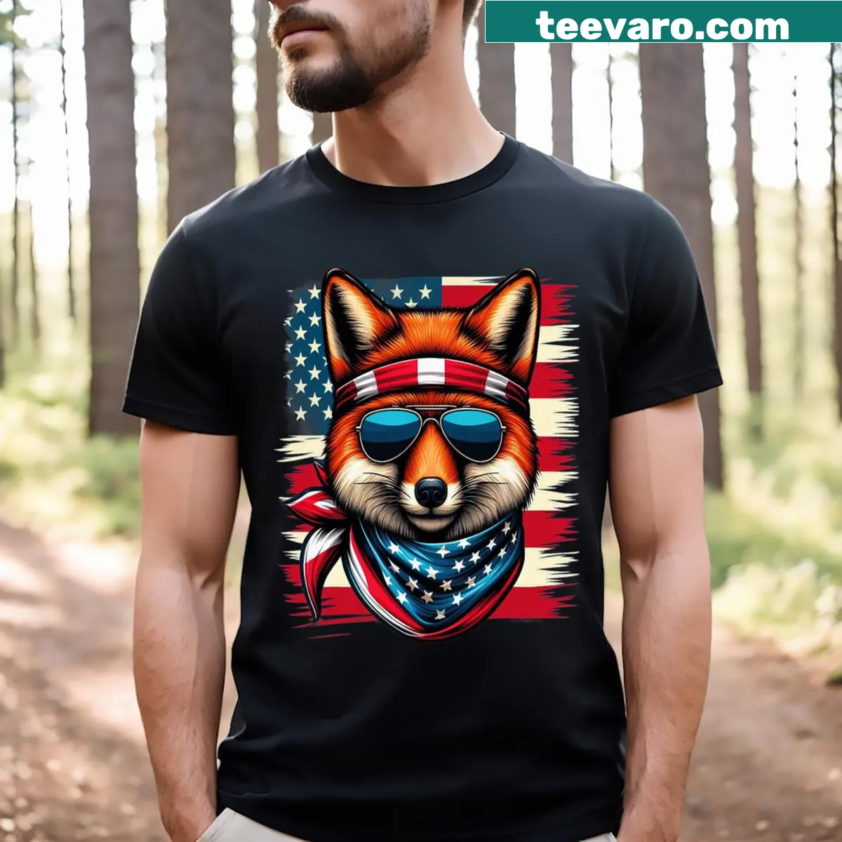 Patriotic red fox graphic on Fourth of July t-shirt — on a men's t-shirt