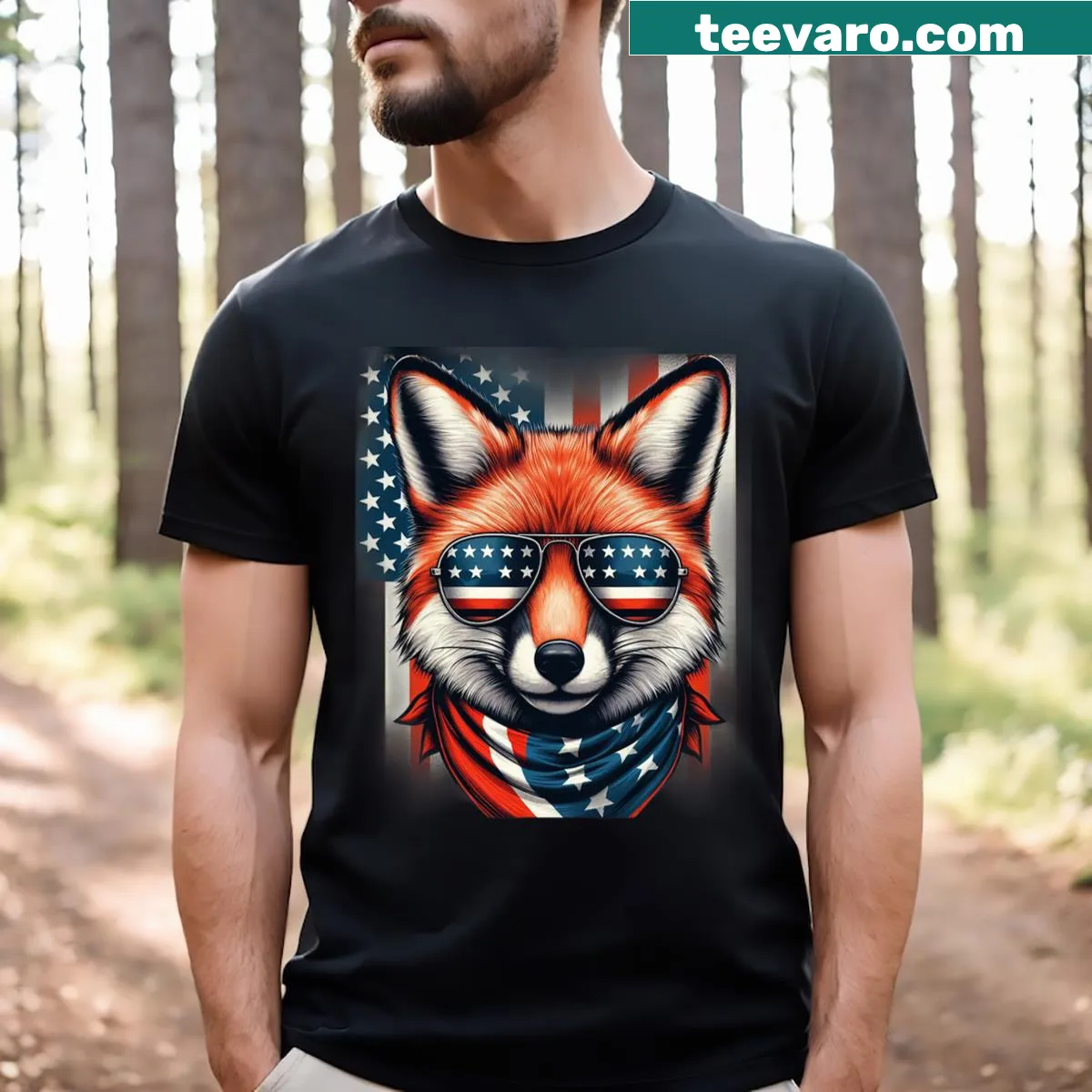 Funny red fox graphic on Fourth of July t-shirt — on a men's t-shirt