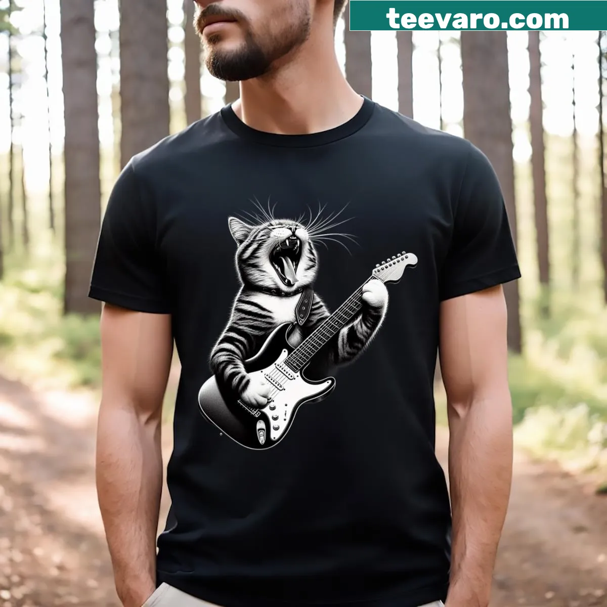Illustration of a cat playing guitar with musical notes — on a men's t-shirt