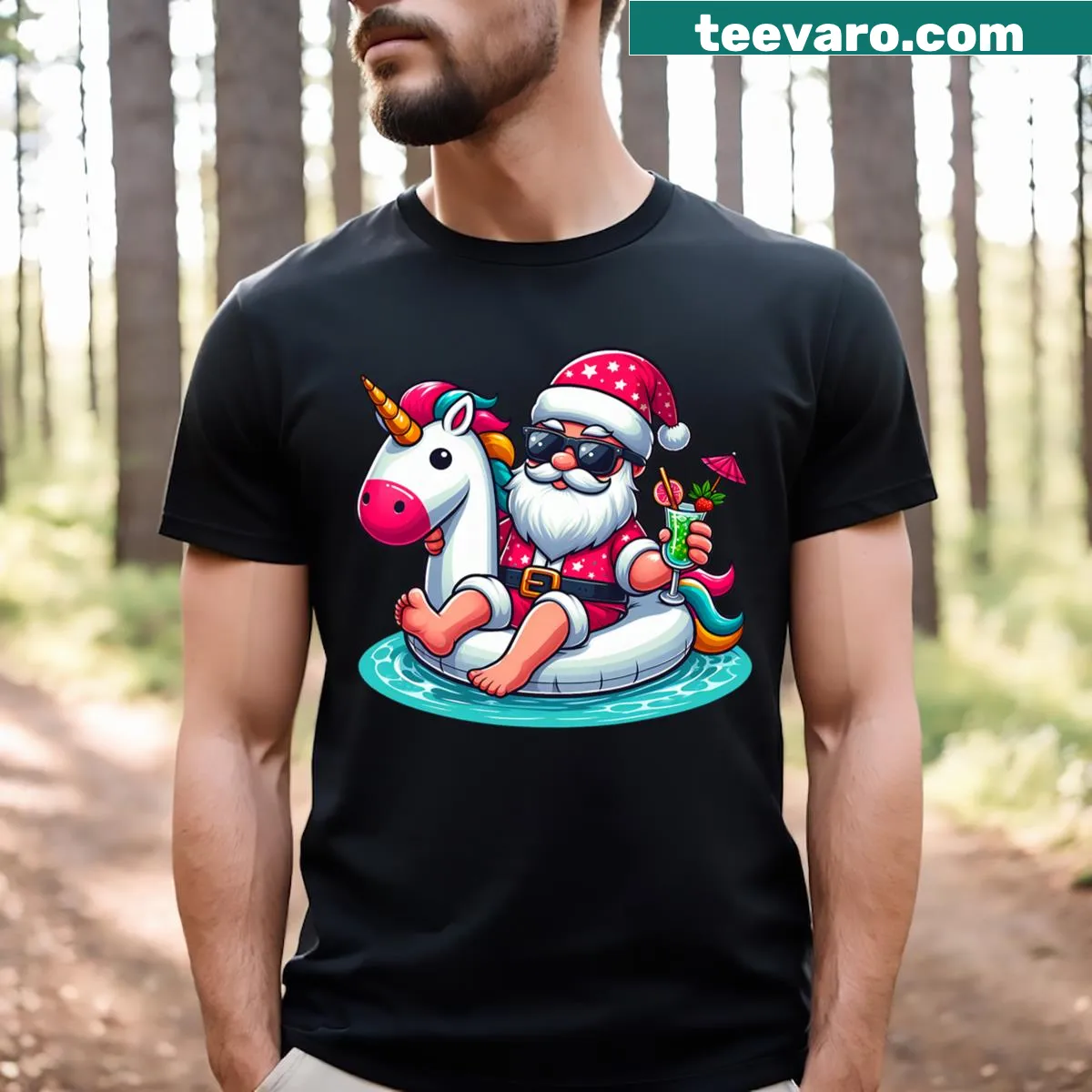 Cartoon Santa on a unicorn float for Christmas in July — on a men's t-shirt