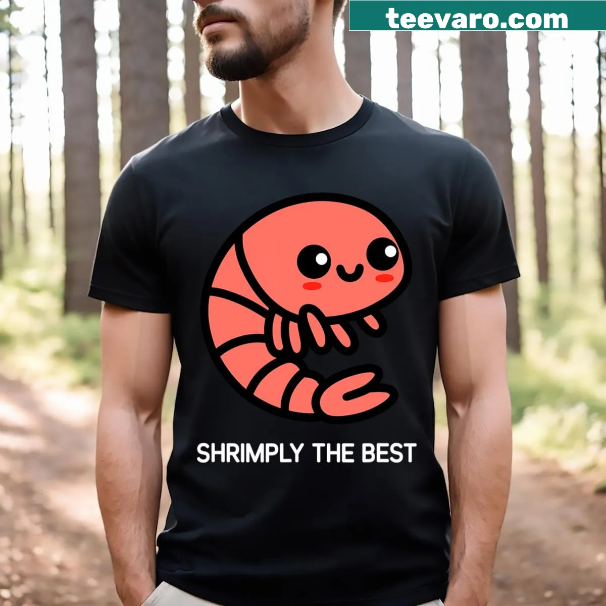 Funny t-shirt with the phrase 'Shrimp Shrimply The Best' — on a men's t-shirt