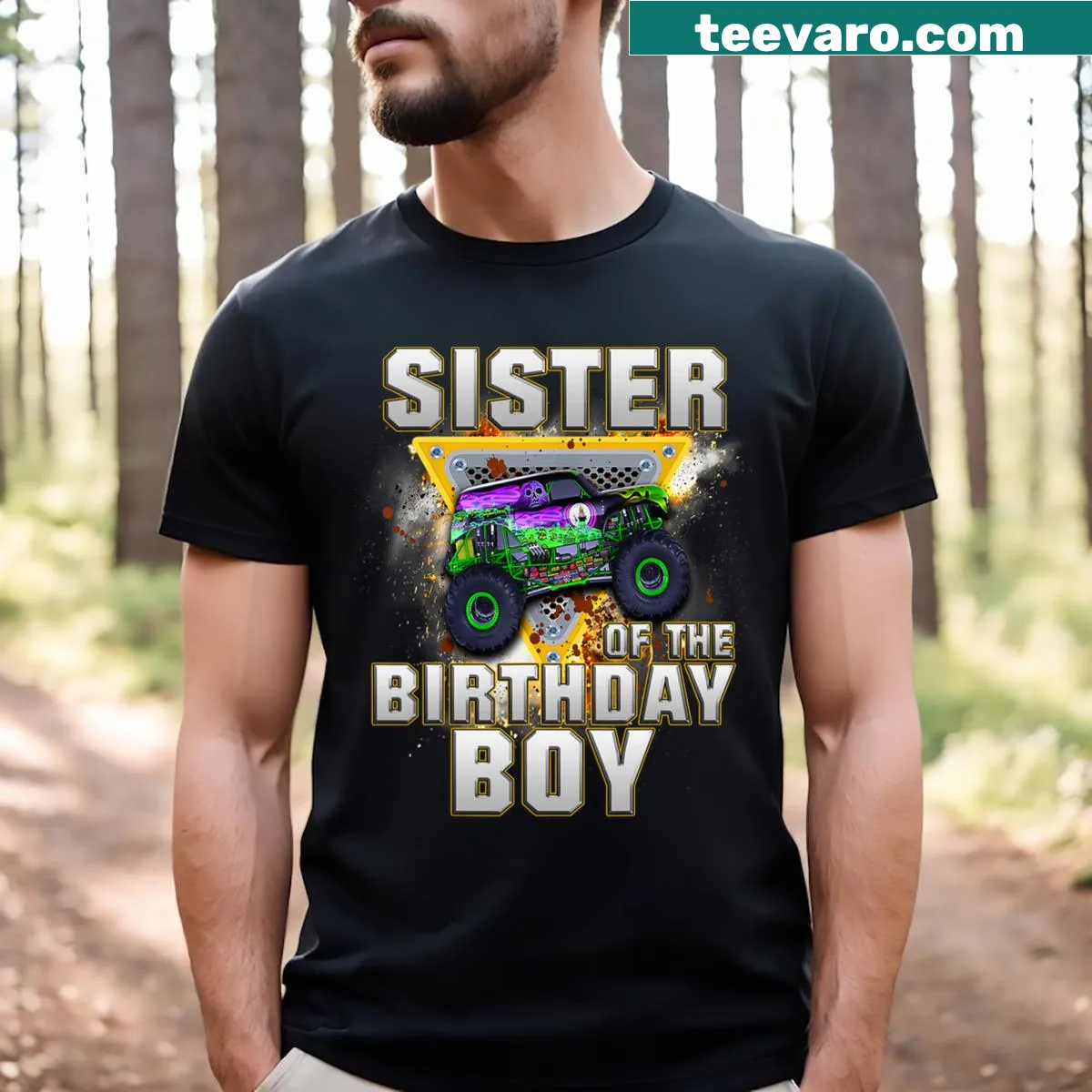 Monster truck-themed t-shirt for the sister of the birthday boy — on a men's t-shirt