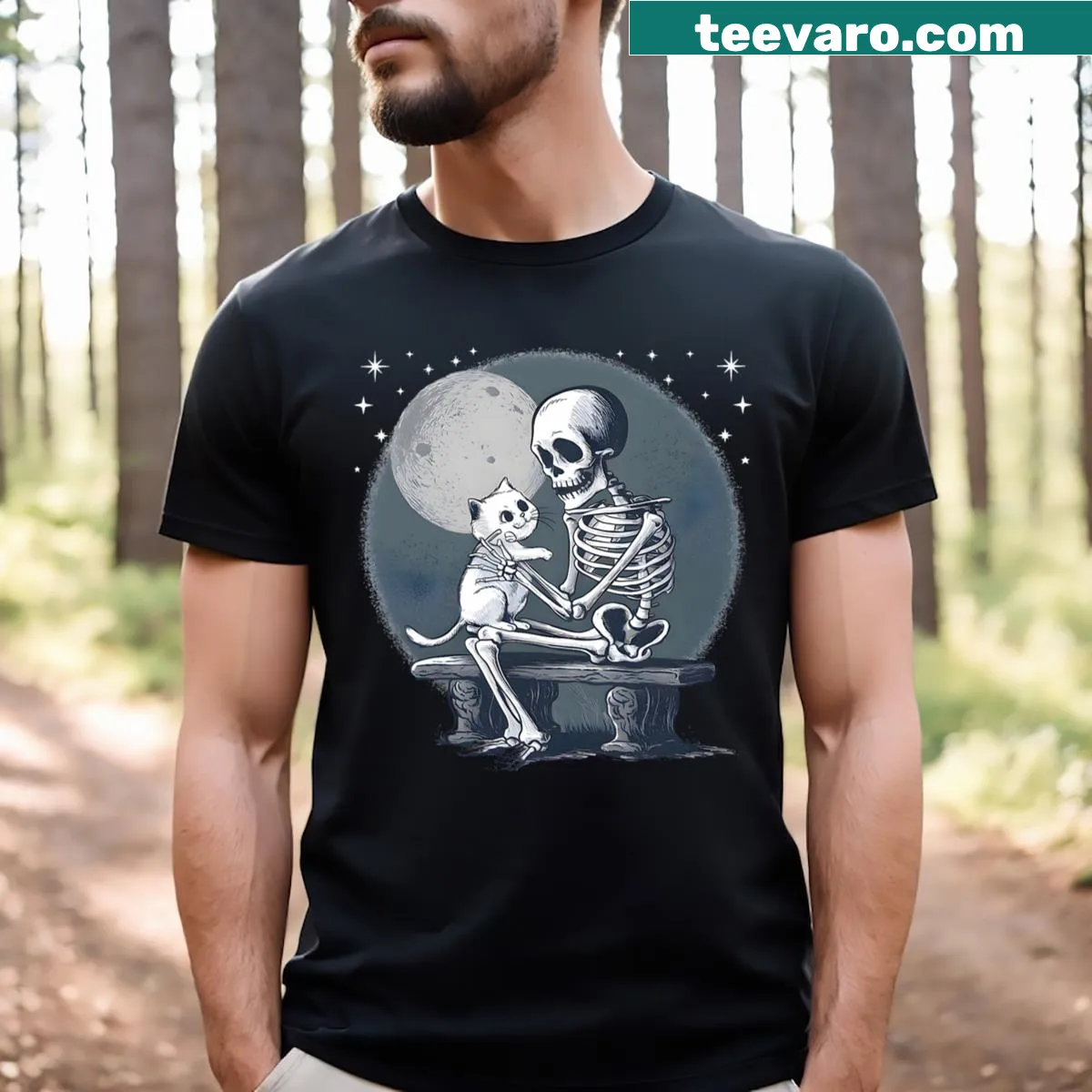 Cute Halloween T-shirt featuring a skeleton cat design — on a men's t-shirt
