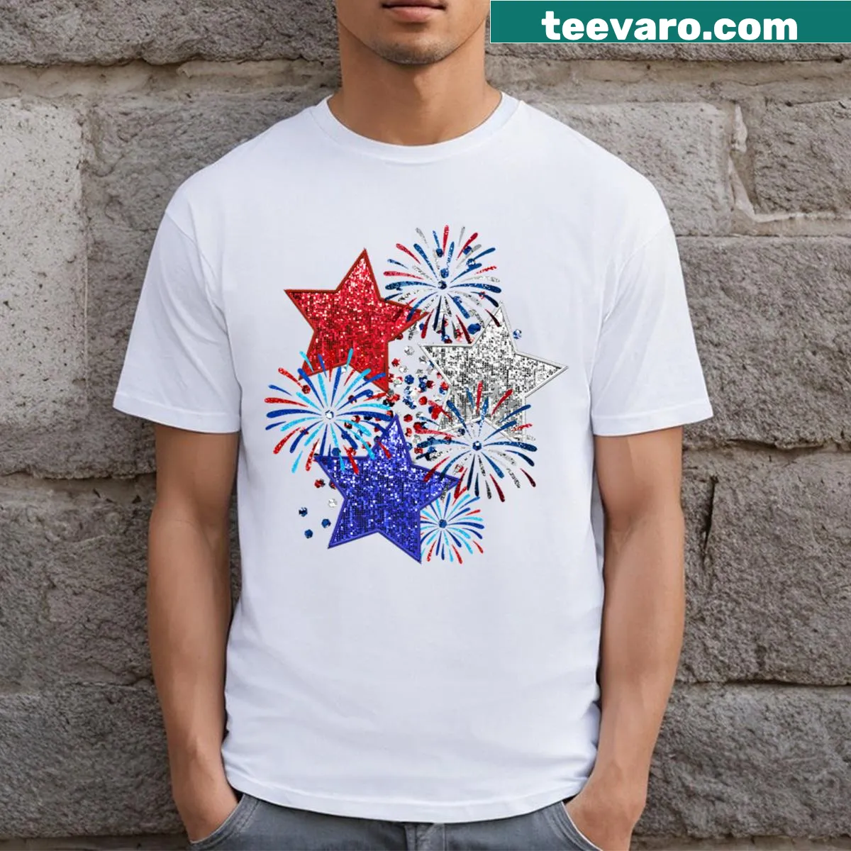 Sparkly 4th of July T-shirt with fireworks and stars — on a men's t-shirt
