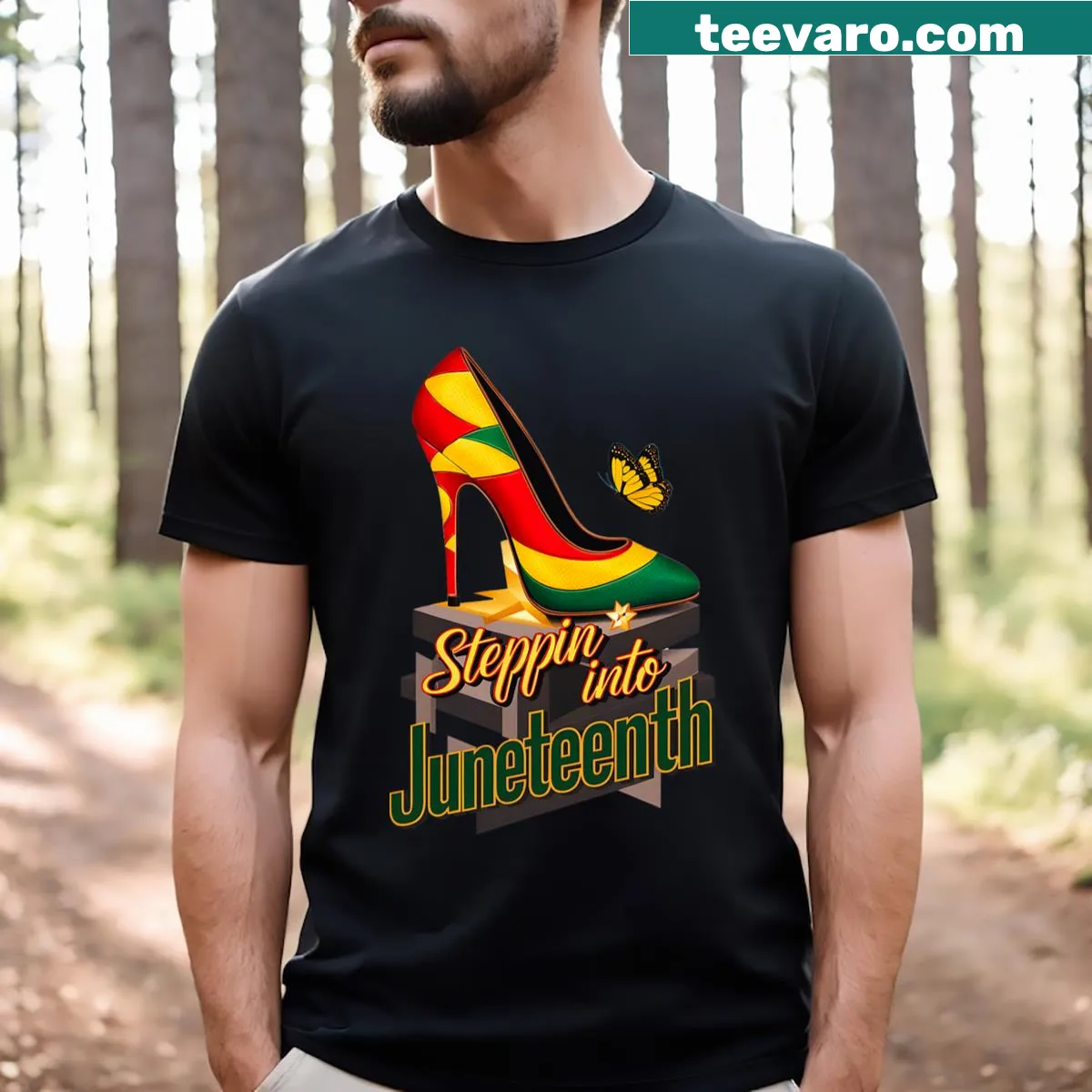 Empowering T-shirt for women featuring high heels and Juneteenth themes — on a men's t-shirt