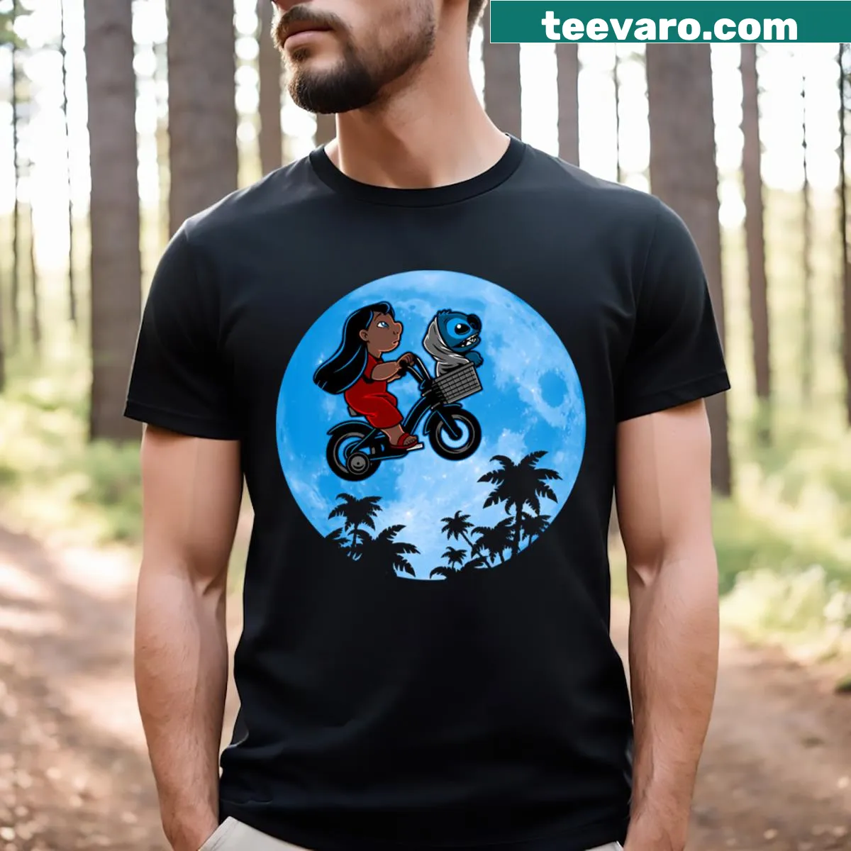 Cartoon character dialing home in a fun Stitch design — on a men's t-shirt