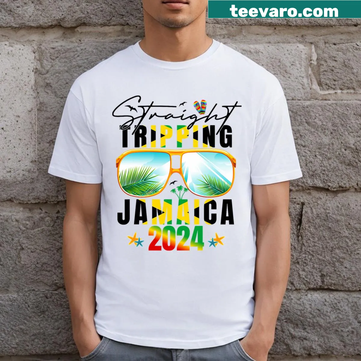 Family vacation T-shirt with humorous Jamaica theme — on a men's t-shirt
