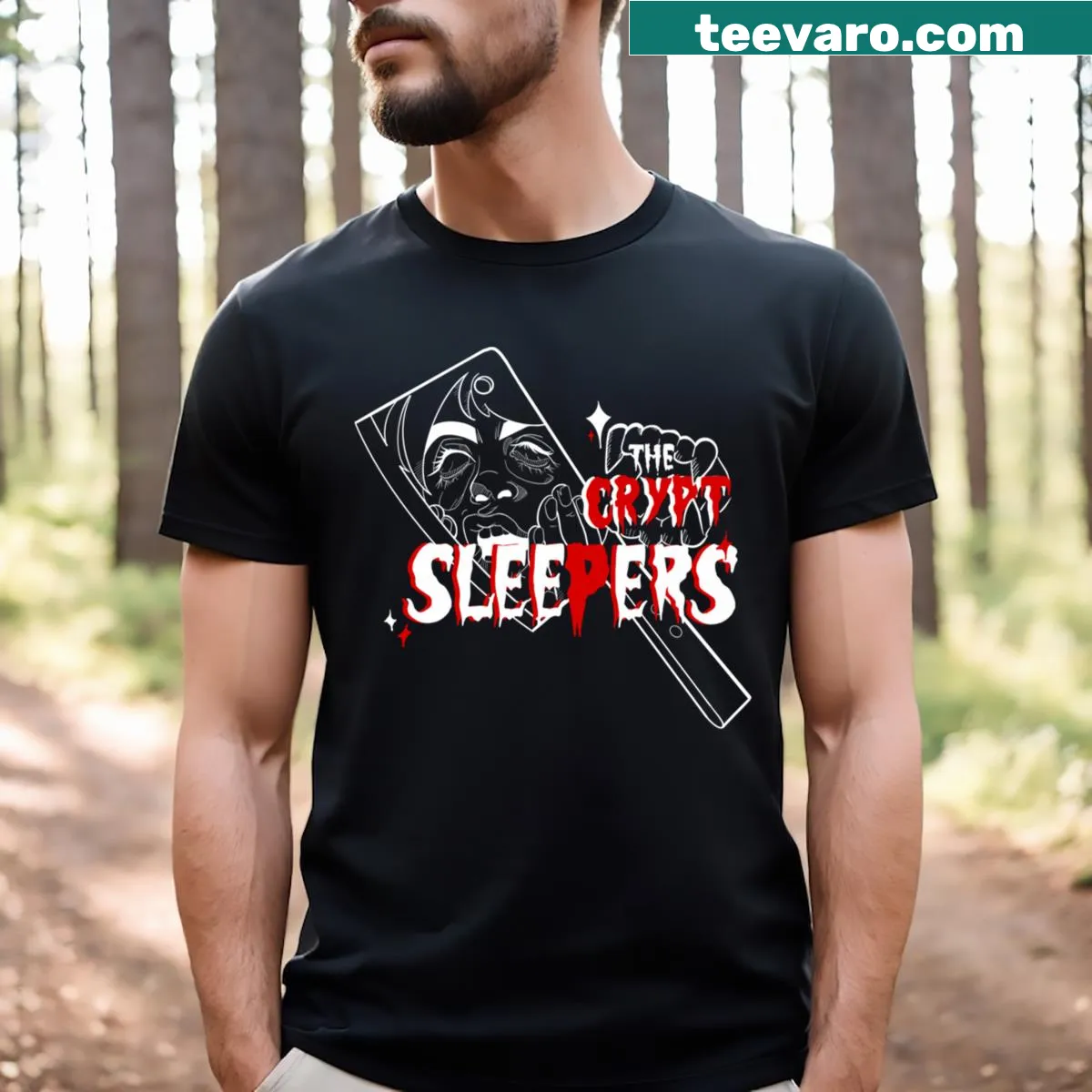 Minimalist T-shirt with the white logo of Crypt Sleepers — on a men's t-shirt