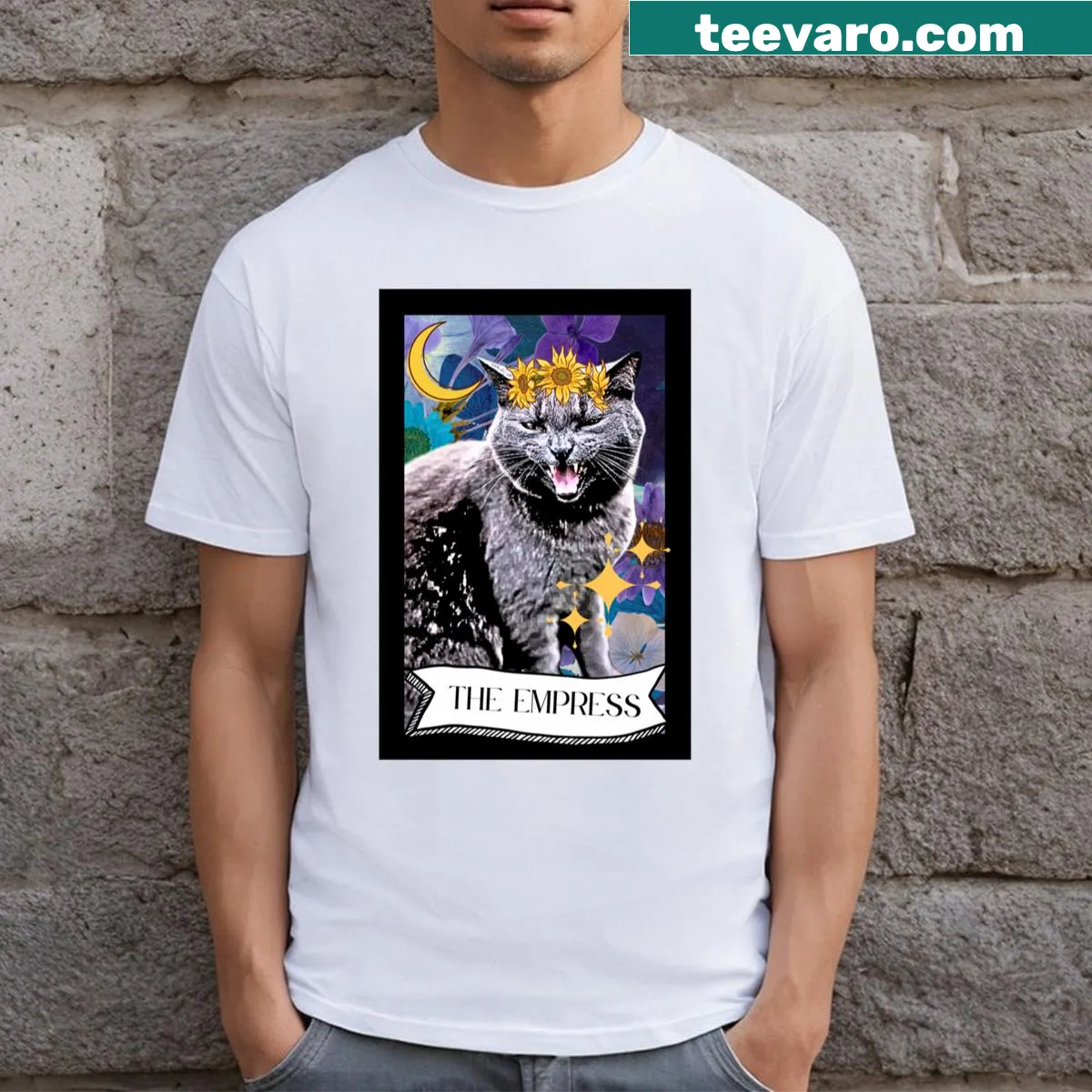 Illustration of The Empress Tarot card featuring a cat — on a men's t-shirt
