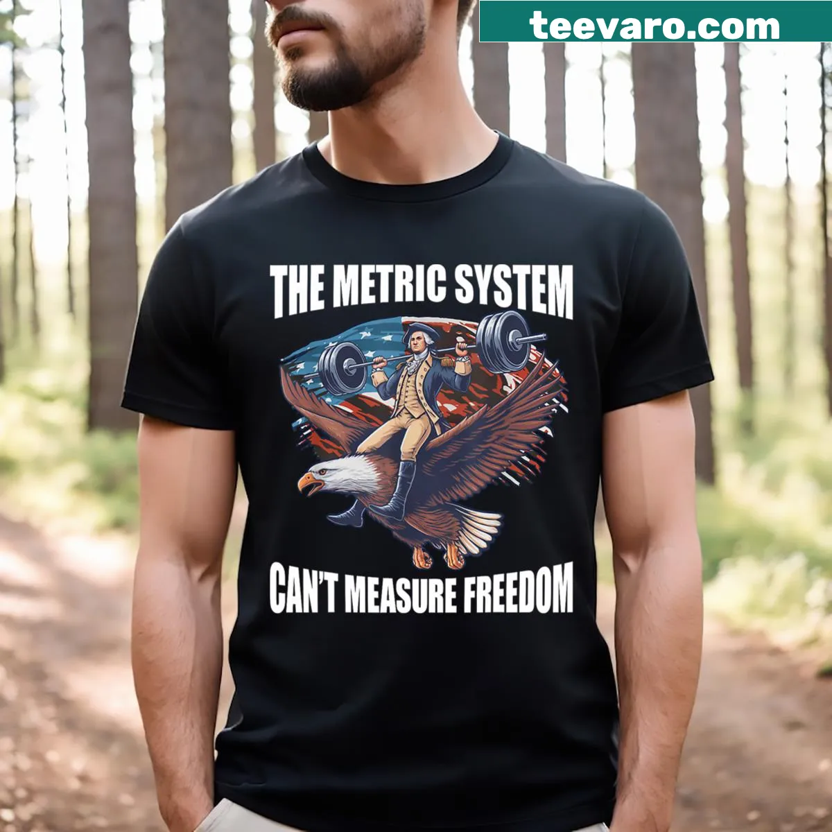 Funny Fourth of July t-shirt stating metric system can't measure freedom — on a men's t-shirt