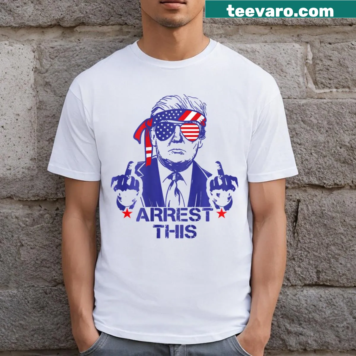 Sarcastic illustration T-shirt featuring political commentary — on a men's t-shirt