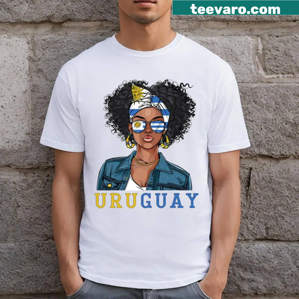 Uruguayan flag T-shirt featuring a stylish design for women. — on a men's t-shirt