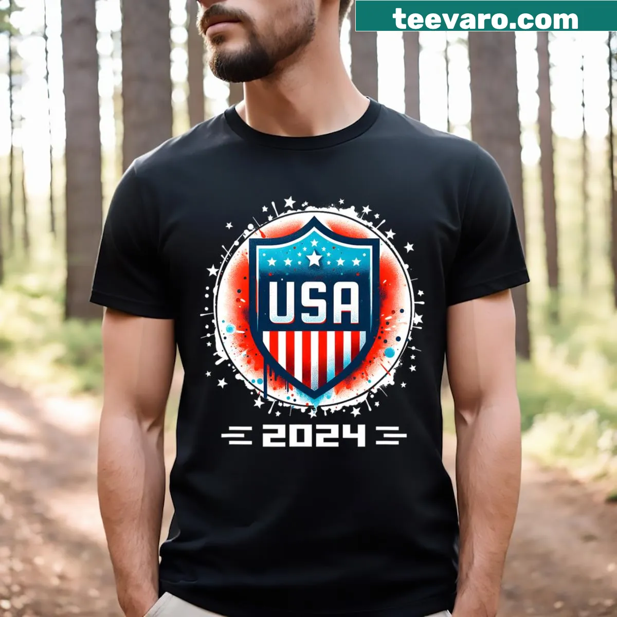 USA 2024 sports-themed t-shirt with 'Go USA' text — on a men's t-shirt