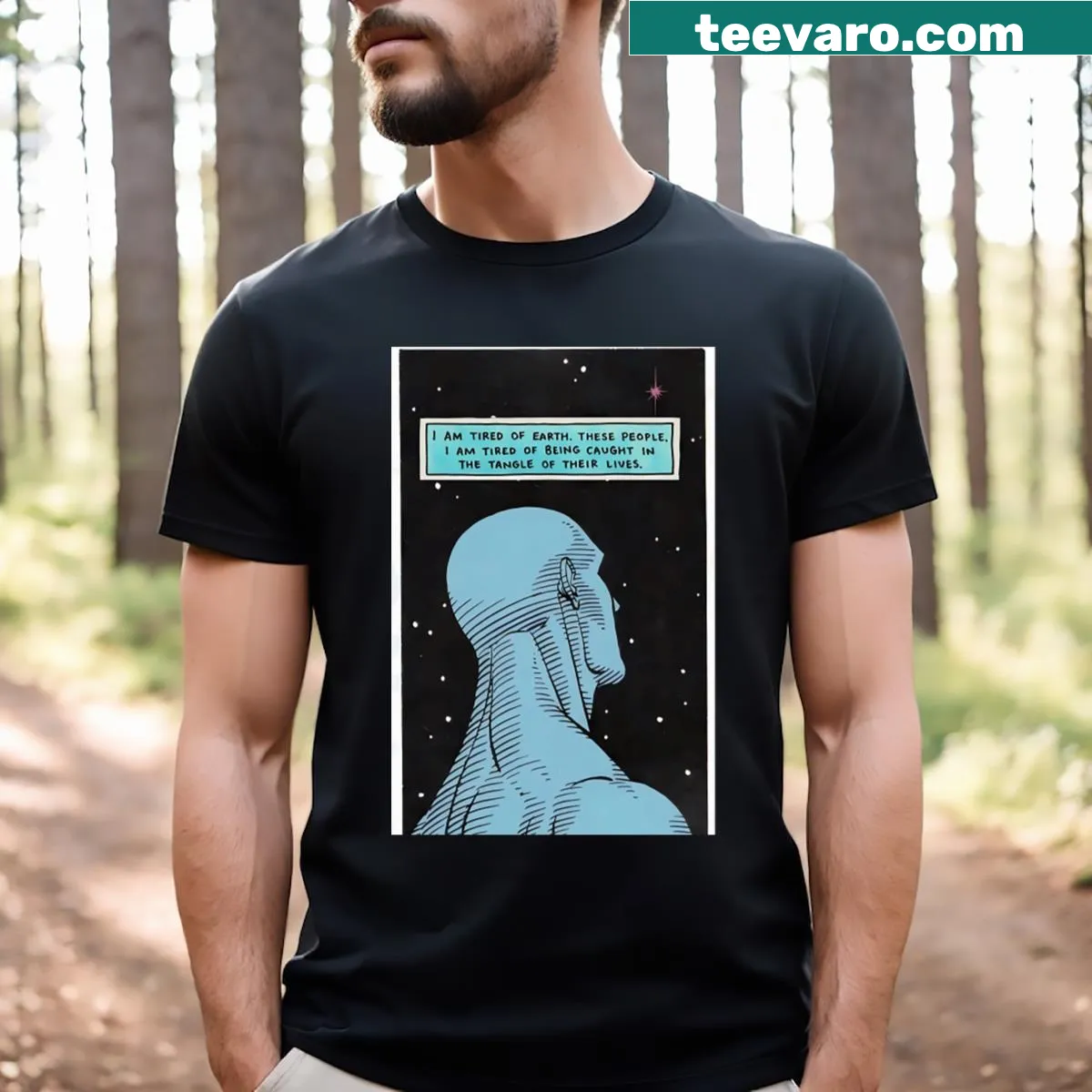 Minimalist illustrated Dr Manhattan t-shirt from Watchmen — on a men's t-shirt