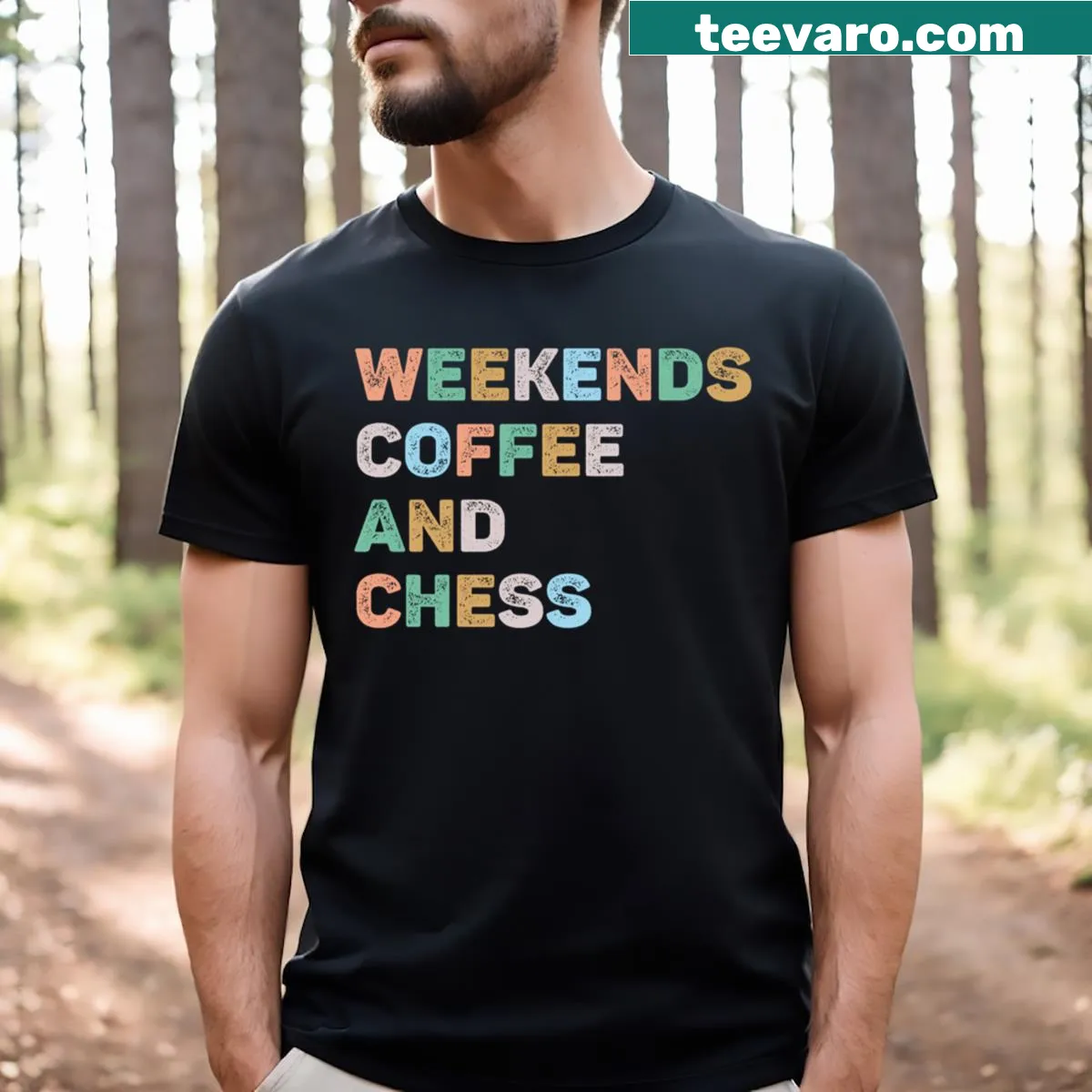 Illustrative t-shirt for moms featuring coffee and chess themes. — on a men's t-shirt