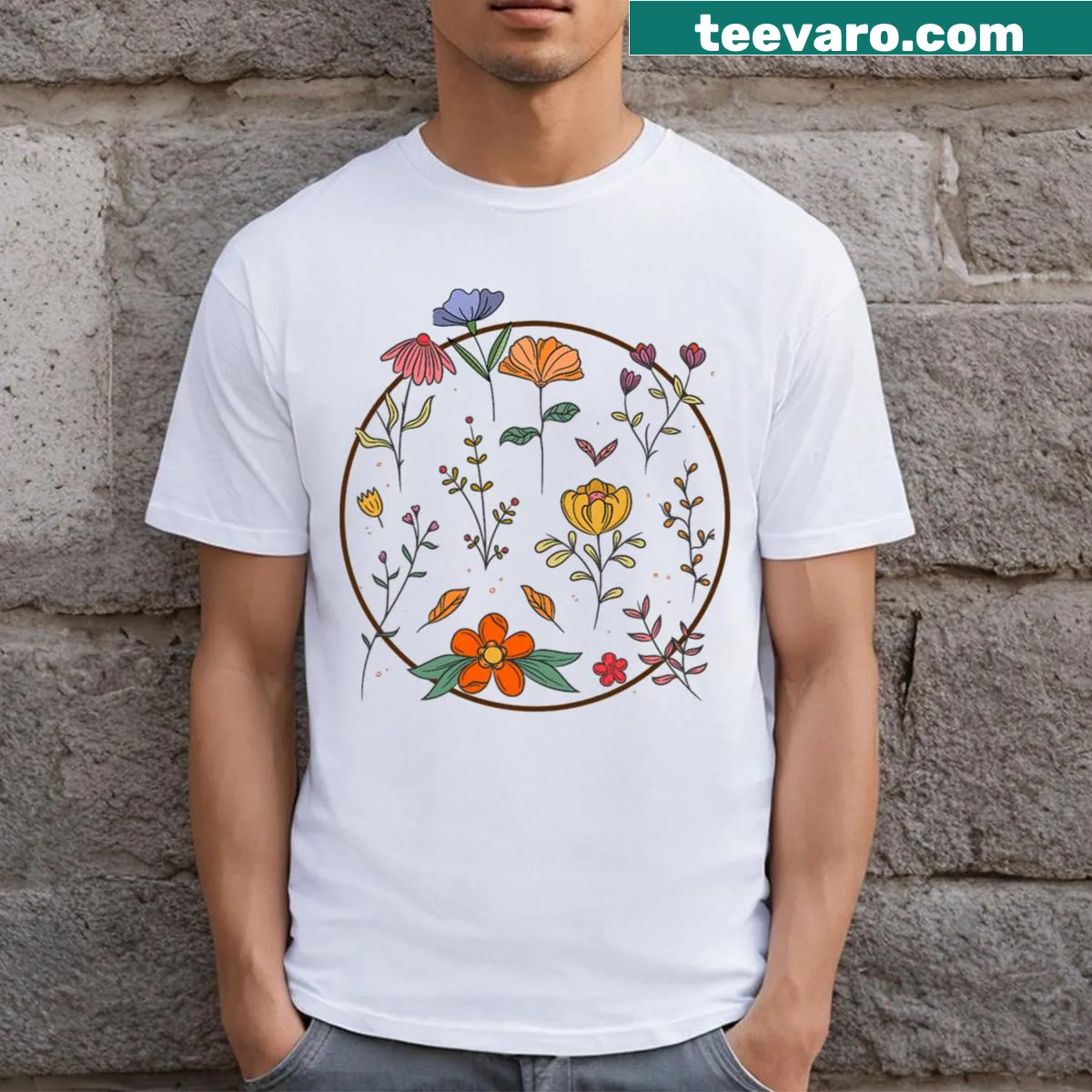 Floral graphic T-shirt for women featuring wildflowers — on a men's t-shirt