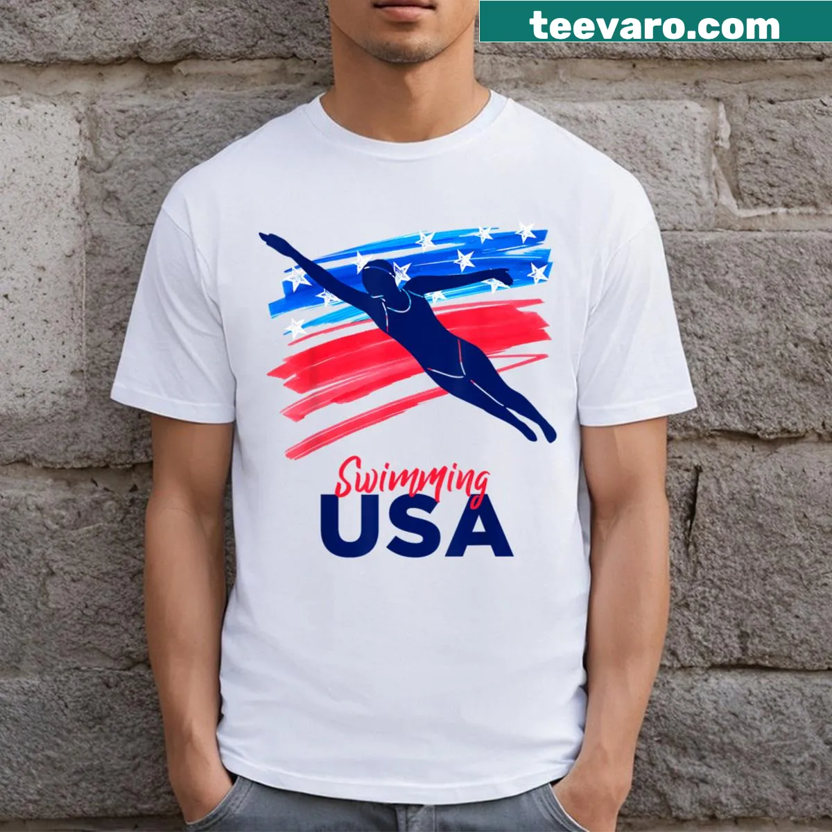 Patriotic swimming T-shirt with American flag design for women — on a men's t-shirt