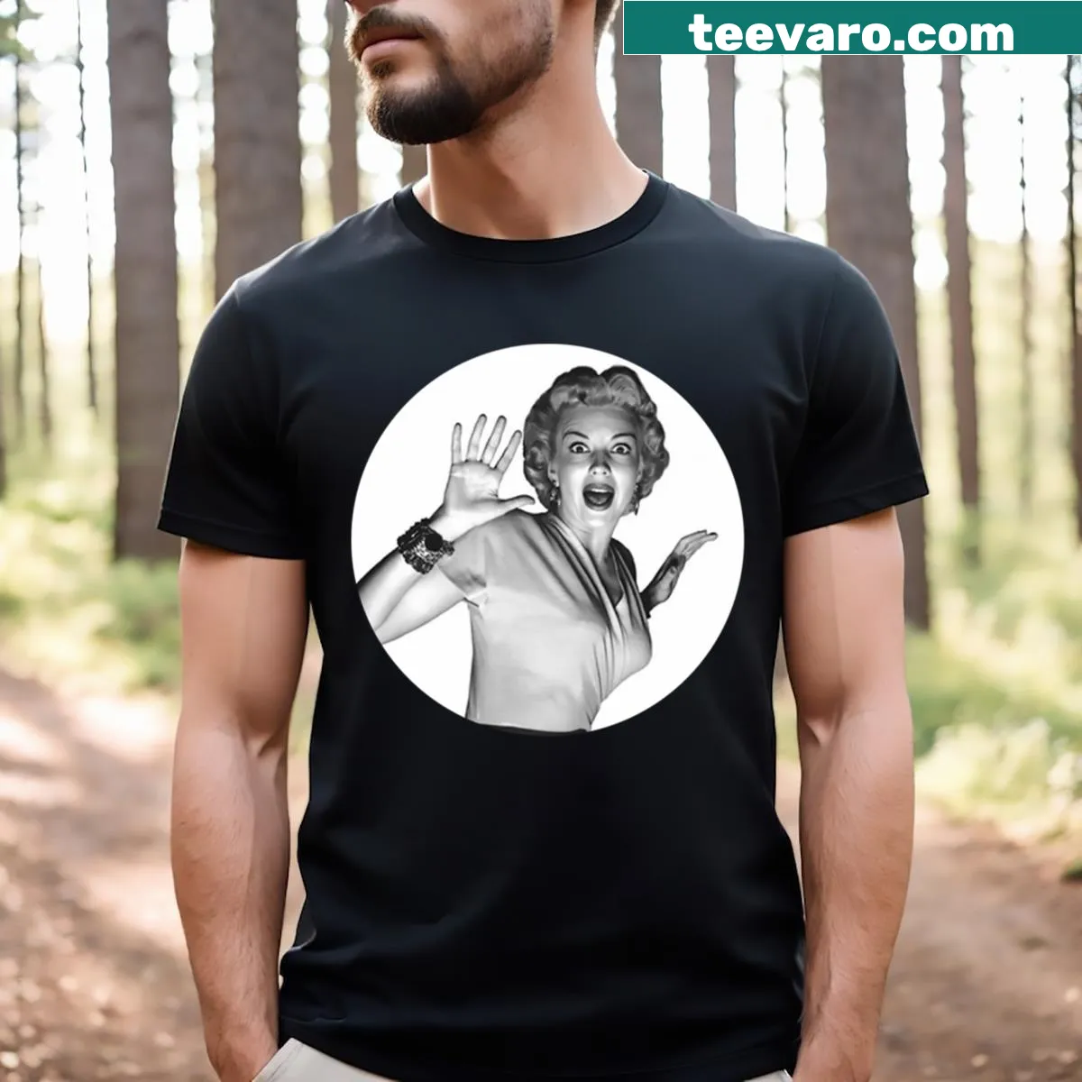 Black and white horror movie t-shirt with woman screaming design — on a men's t-shirt