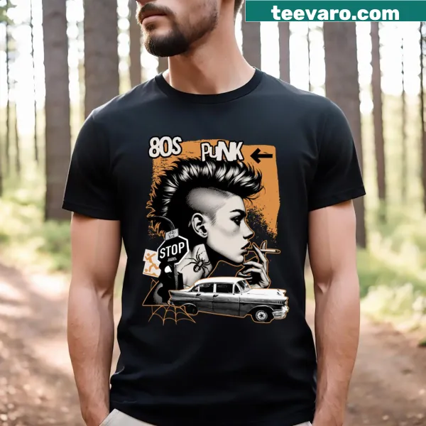 Distressed 80s punk rock t-shirt with bold retro graphics