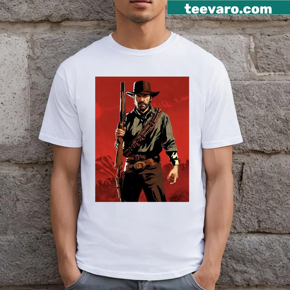 Artistic graphic t-shirt inspired by Red Dead Redemption games — on a men's t-shirt