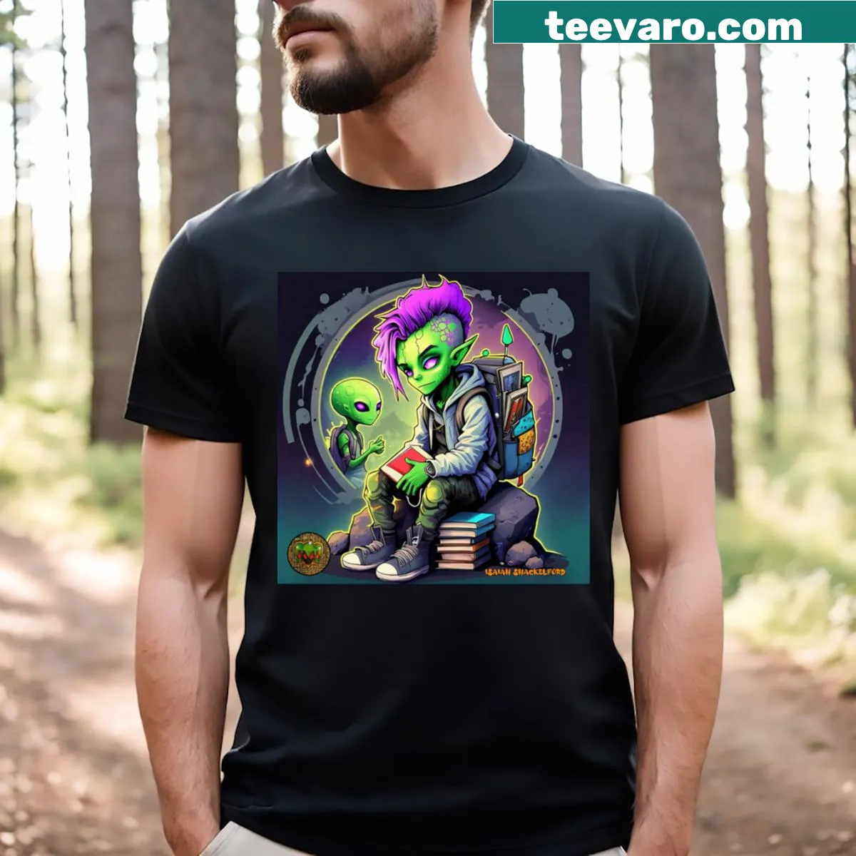 Fun T-shirt featuring an alien teen in outer space — on a men's t-shirt