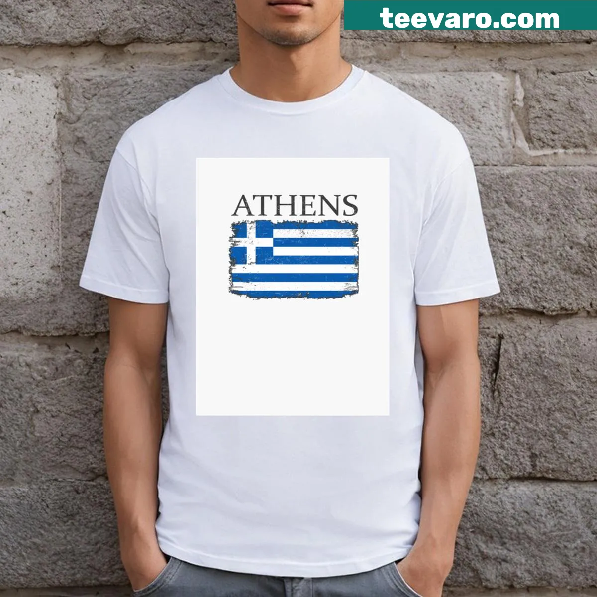 Stylized Athens themed graphic with Greek flag for travelers — on a men's t-shirt