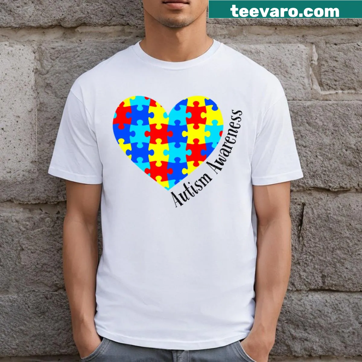 T-shirt with puzzle heart design for autism awareness — on a men's t-shirt