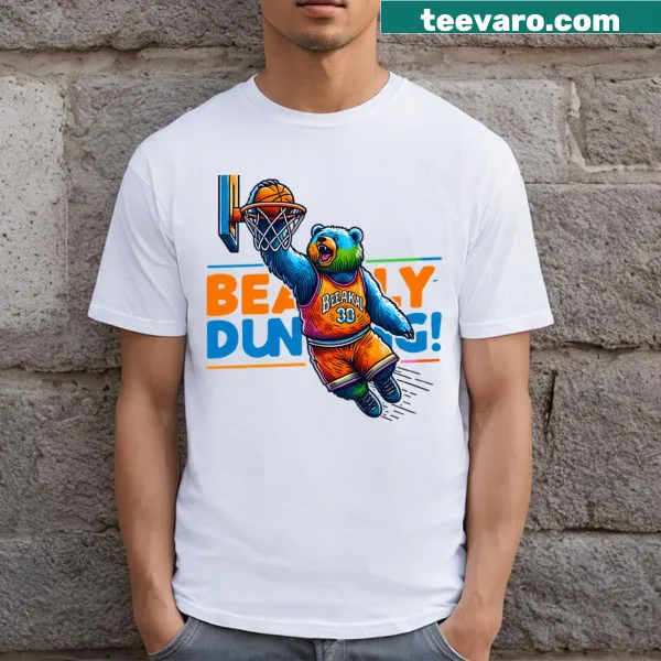 Cartoon bear slam dunking in a funny basketball design