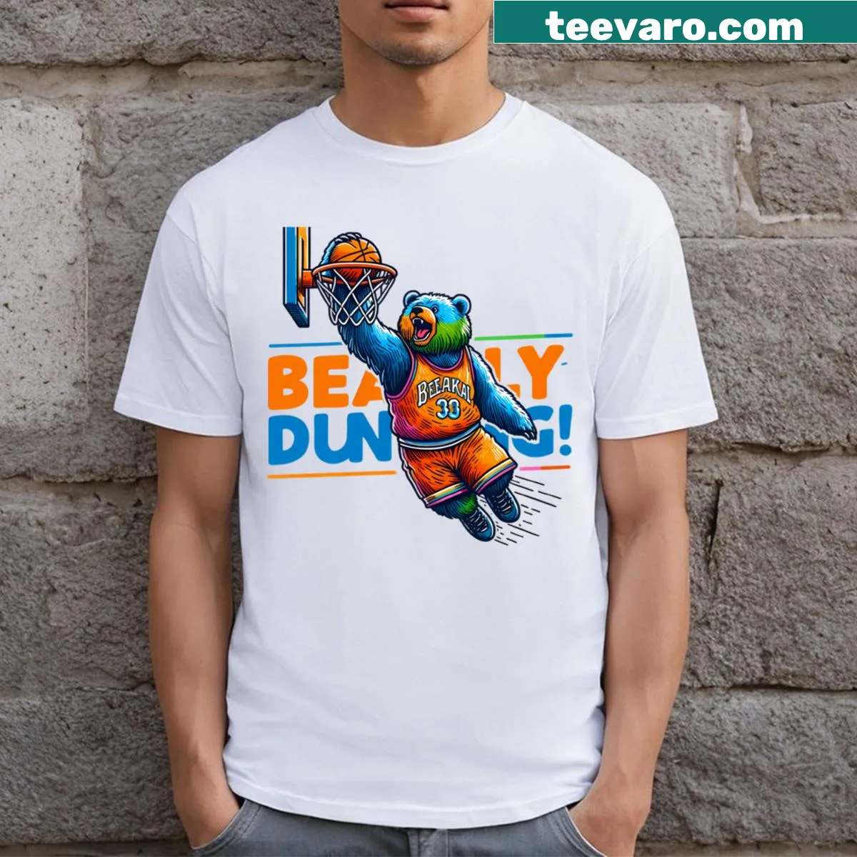 Cartoon bear slam dunking in a funny basketball design — on a men's t-shirt