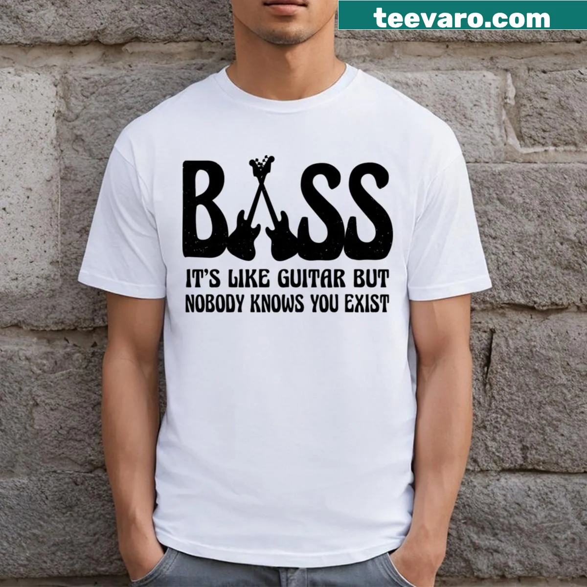 Funny t-shirt featuring a bass guitar humor saying — on a men's t-shirt