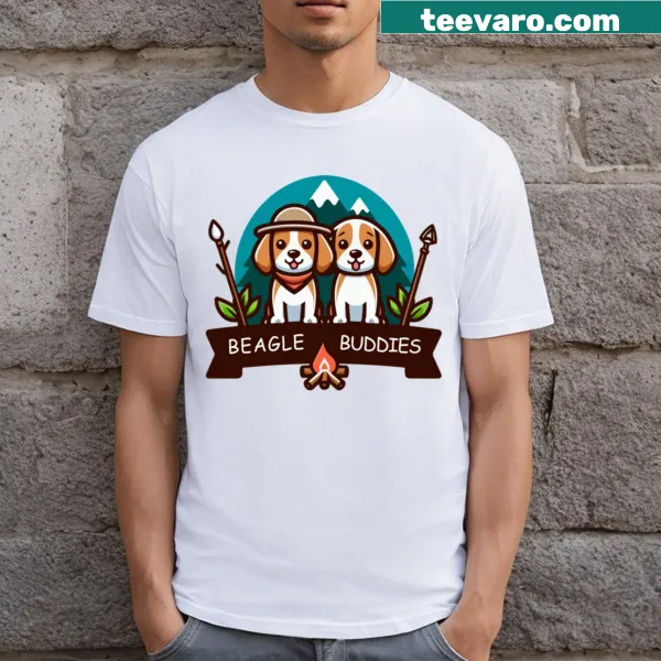 Illustration of a beagle camping with gear on a funny T-shirt.