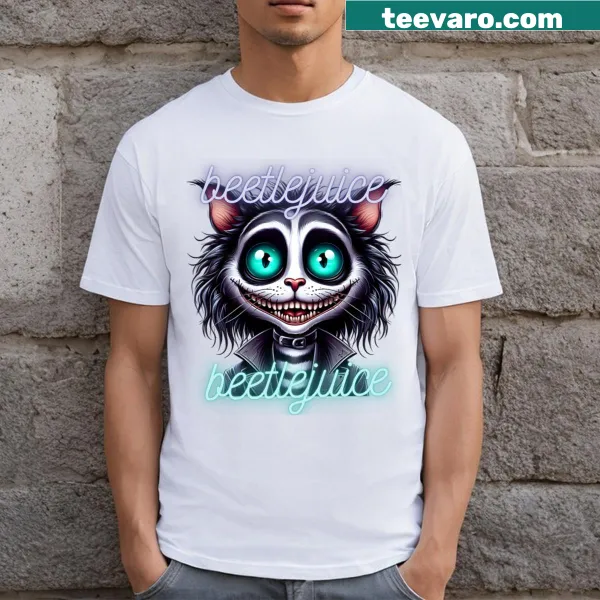 T-shirt featuring the word 'Beetlejuice' in a playful font.